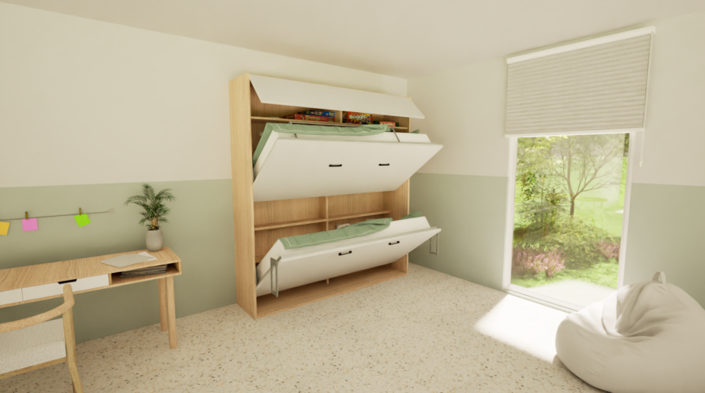 Stapelopklapbed 80x190 cm halfopen in kinderkamer