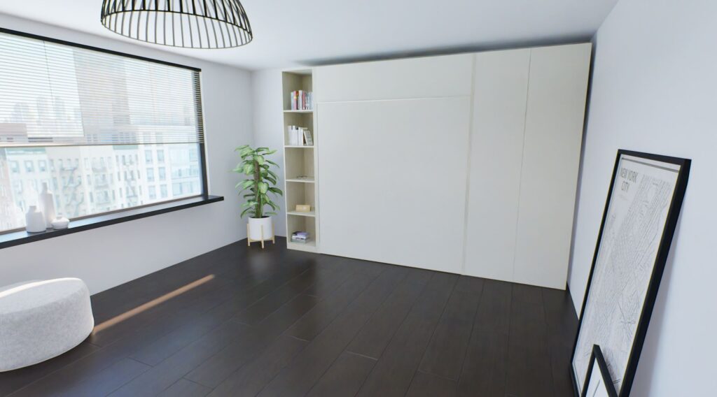 Opklapbed Dorma gesloten, bibliotheekkast naast het bed