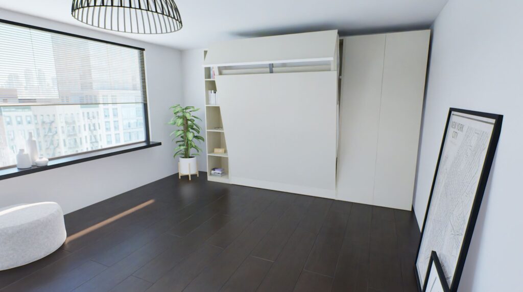 Opklapbed Dorma halfopen , bibliotheekkast naast het bed