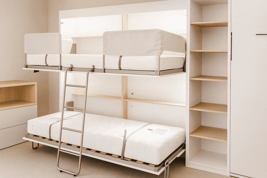 Stapel opklapbed in wit met lichte eik