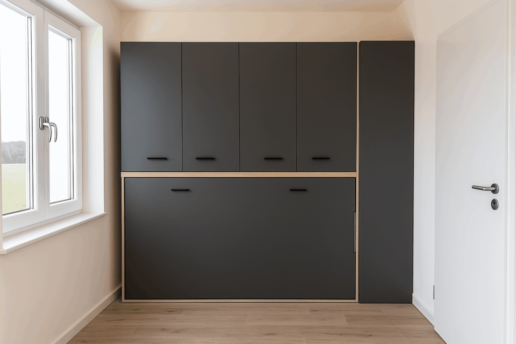 Zwarte kastenwand met opklapbed. Horizontaal kantelbed type Boone Optima