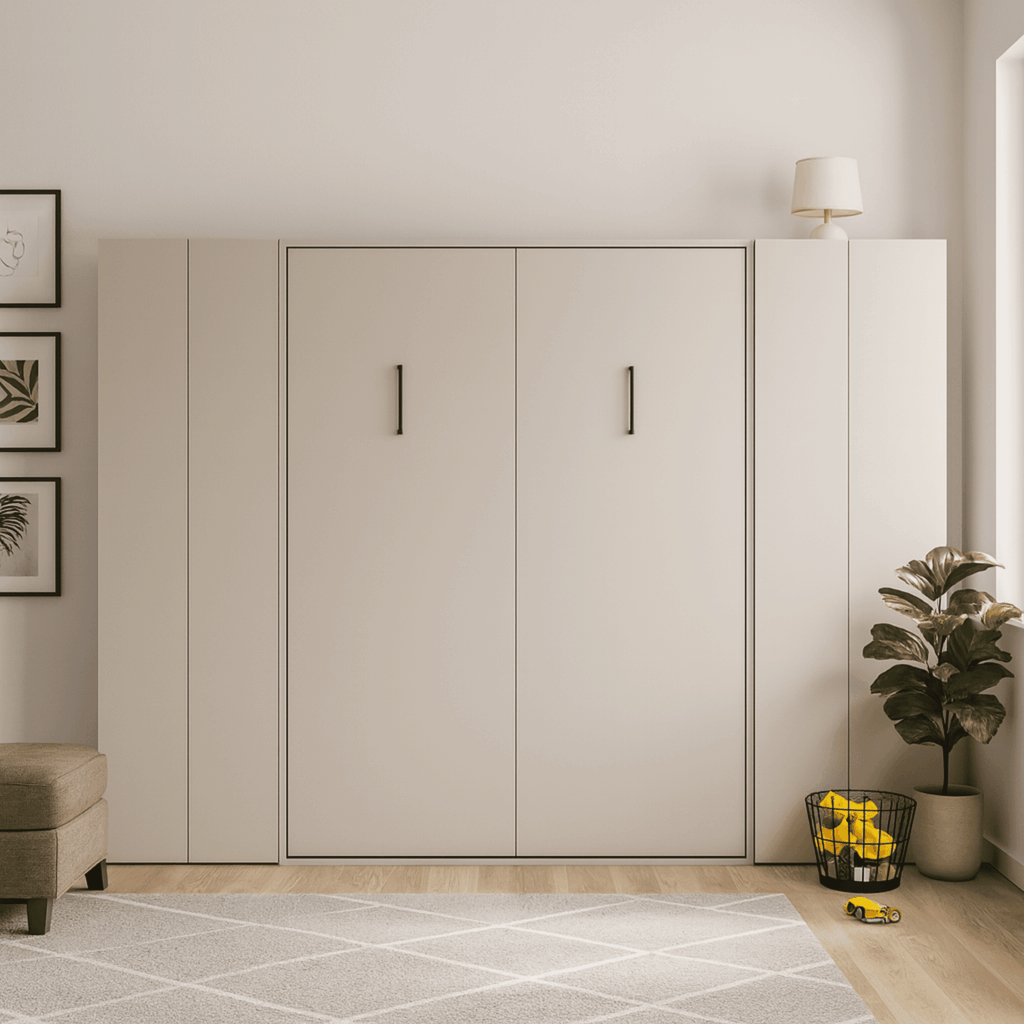 Kastenwand in greige met opklapbed in gewerkt