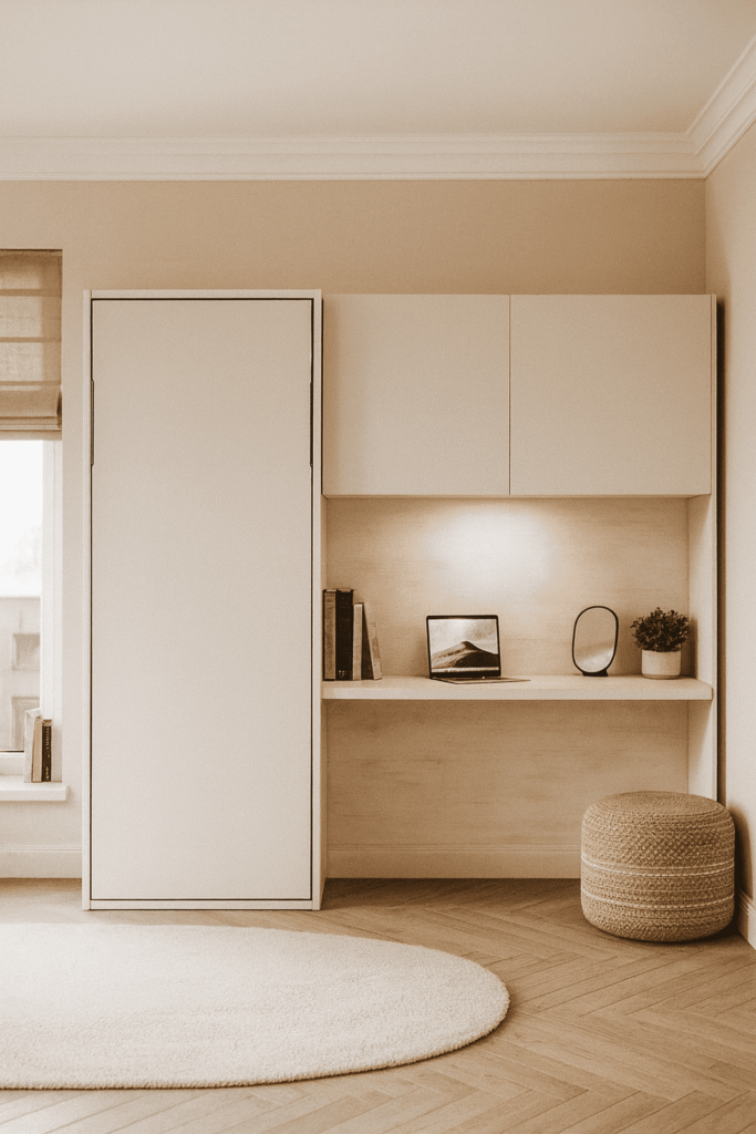 Verticaal opklapbed naast bureau, in appartement Knokke